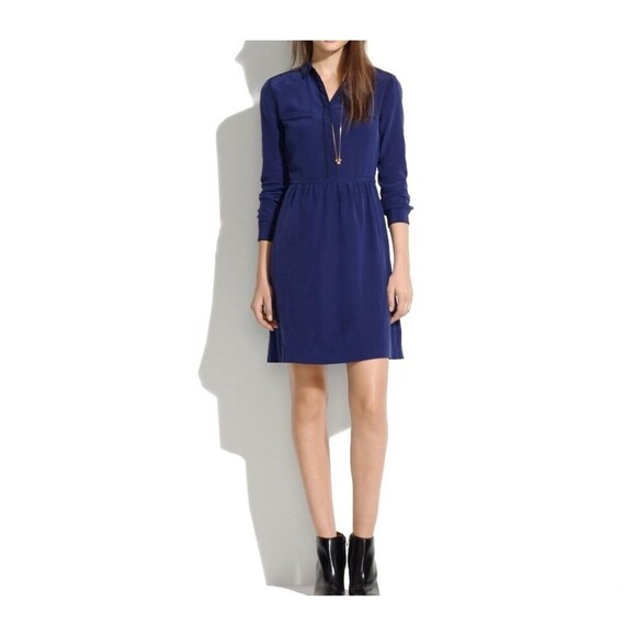 MADEWELL Silk Cinema Dress Women 2 Blue Lined Pockets Collard‎ Preppy Office - Picture 8 of 9